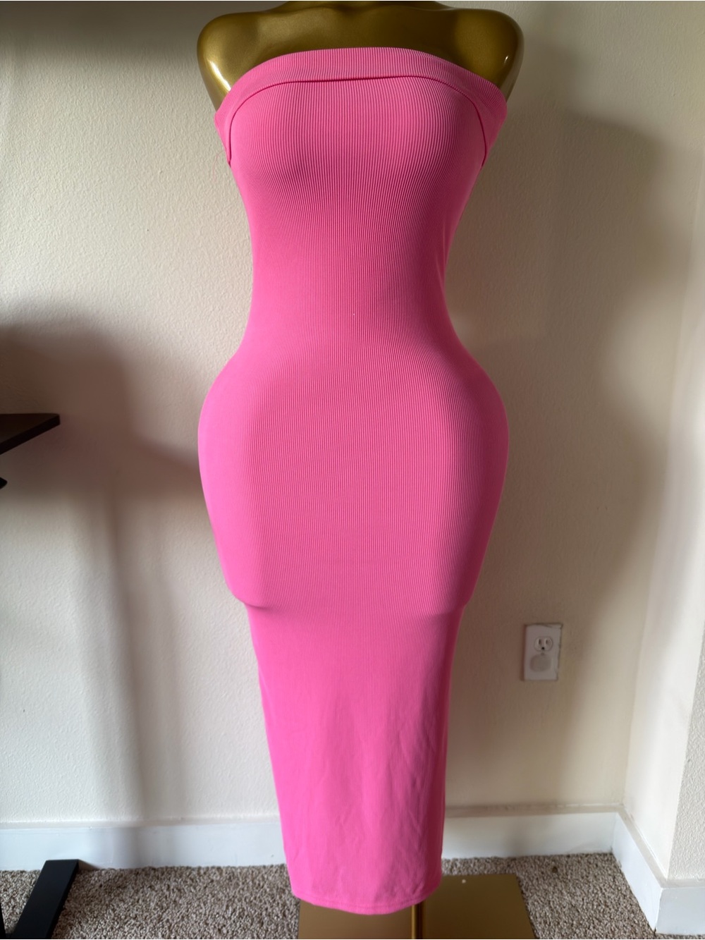 Strapless Pink Ribbed Bodycon Midi Dress
